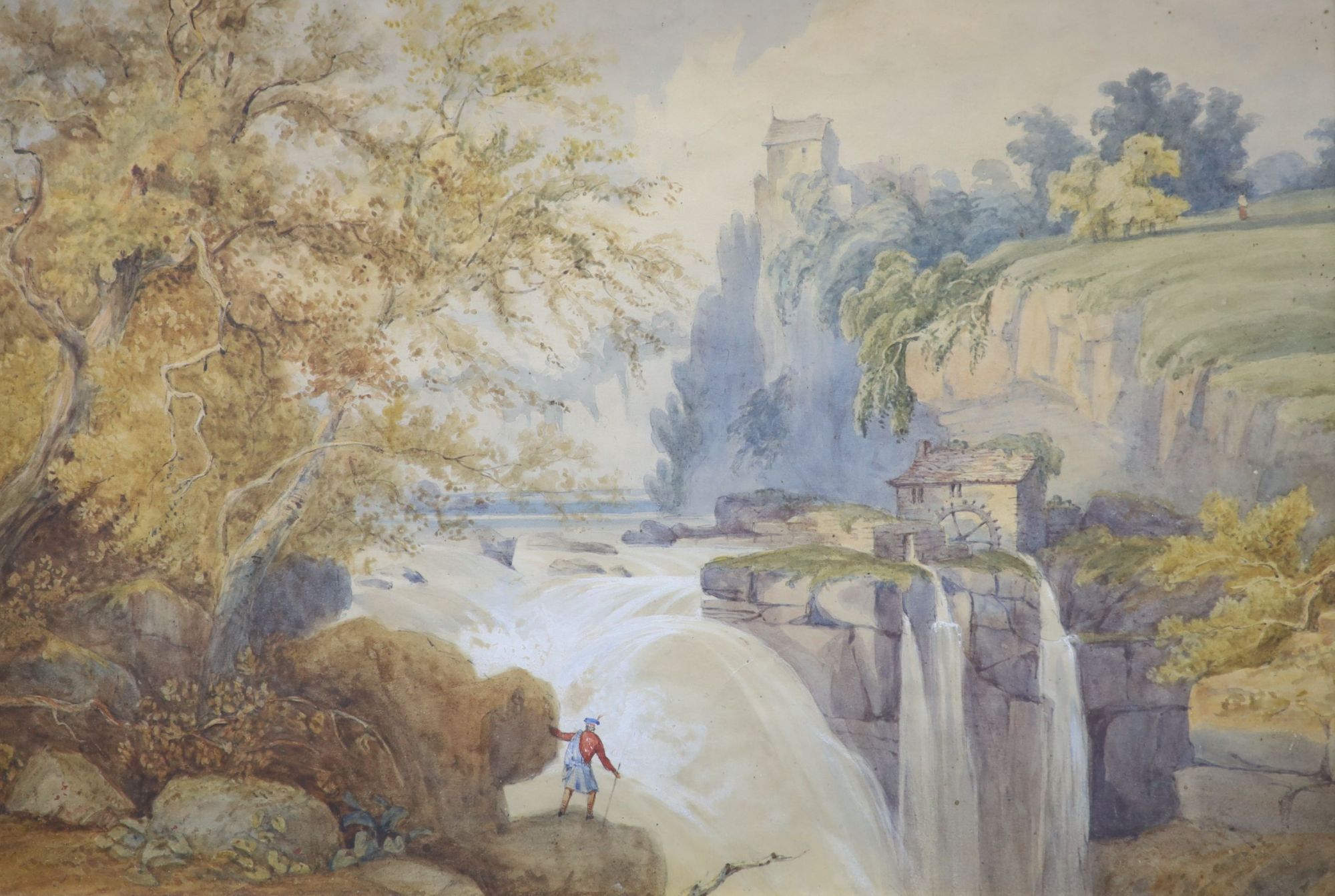 19th century Scottish, pair of watercolours, Figure by a waterfall and Cattle watering, 32 x 47cm and 30 x 47cm